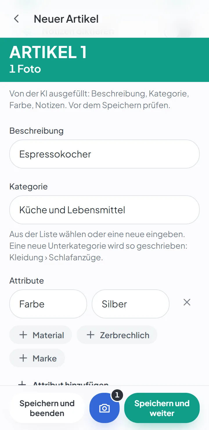 Die von der KI ausgefüllten Felder des Artikels – die Beschreibung, die Kategorie und die Farbe.