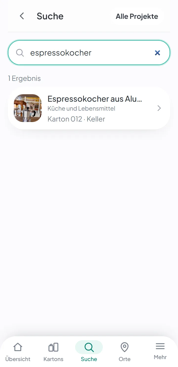 Das Ergebnis einer Suche, mit dem Artikel, der Kartonnummer und dem Raum, in dem der Karton steht.