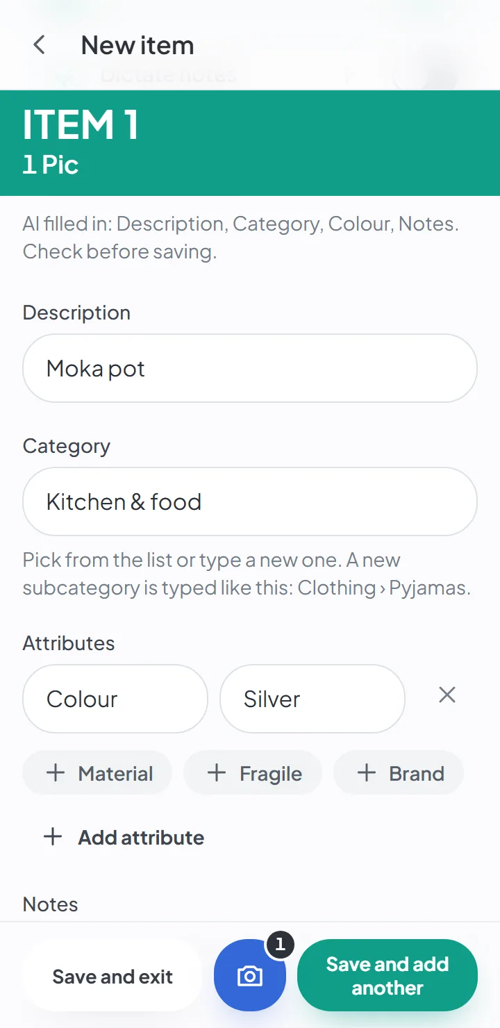 The item's fields filled in by the AI — the description, the category and the color.