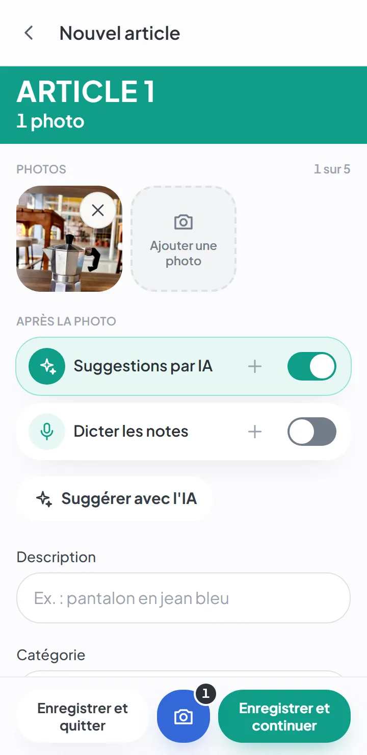 L’écran de nouvel article avec une photo déjà prise, l’interrupteur « Suggestions par IA » activé, le bouton « Suggérer avec l’IA » et les champs encore vides.