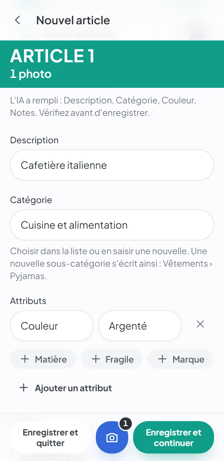Les champs de l’article remplis par l’IA — la description, la catégorie et la couleur.