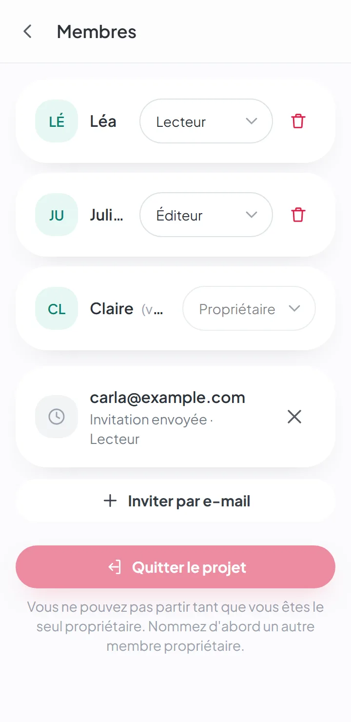 La liste des membres d’un déménagement, avec le rôle de chaque personne et le bouton pour inviter par e-mail.
