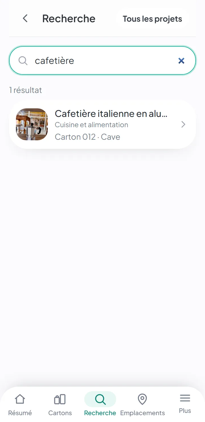 Le résultat d’une recherche, avec l’article, le numéro du carton et la pièce où se trouve le carton.