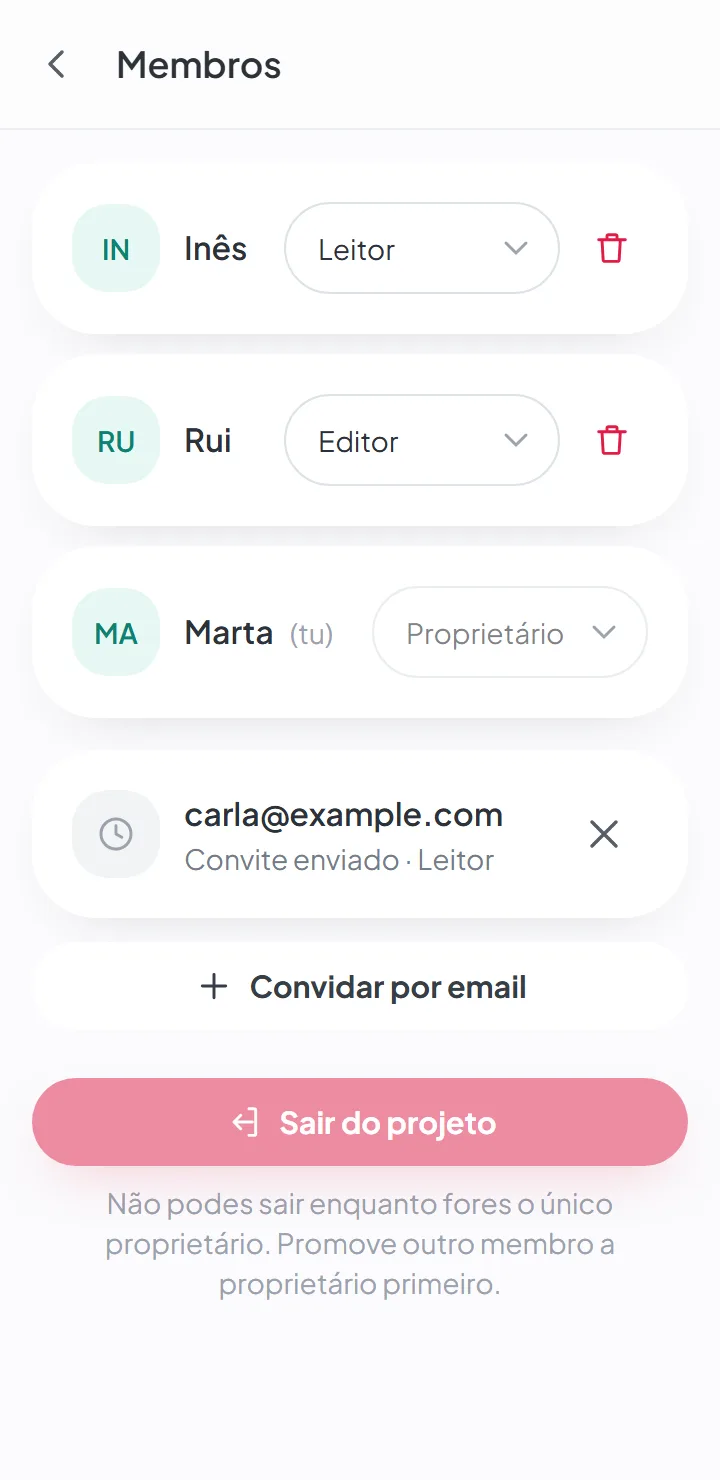 Lista dos membros de uma mudança, com o papel de cada pessoa e o botão para convidar por email.