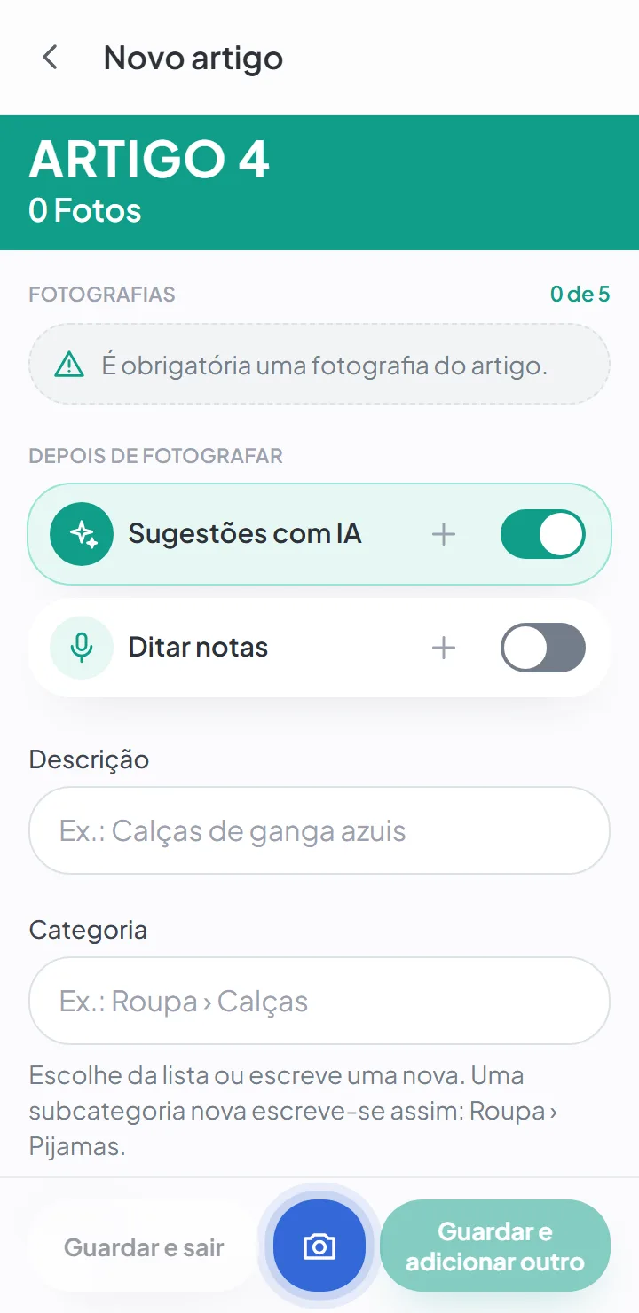 Adicionar artigos só com a câmara — new-item