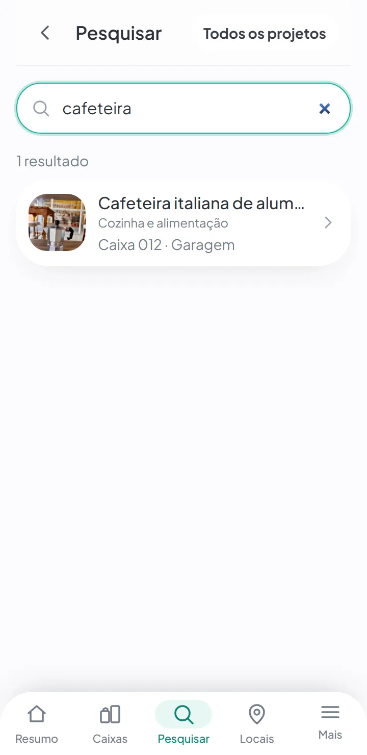 Resultado de uma pesquisa por «cafeteira», a mostrar o artigo, o número da caixa e a divisão onde está.